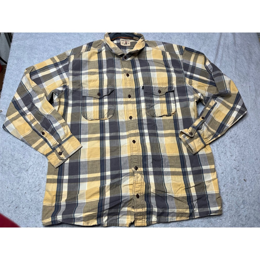 RedHead Mens XL Plaid‎ Button Down Shirt Yellow Grey Ripstop Long Sleeve Field